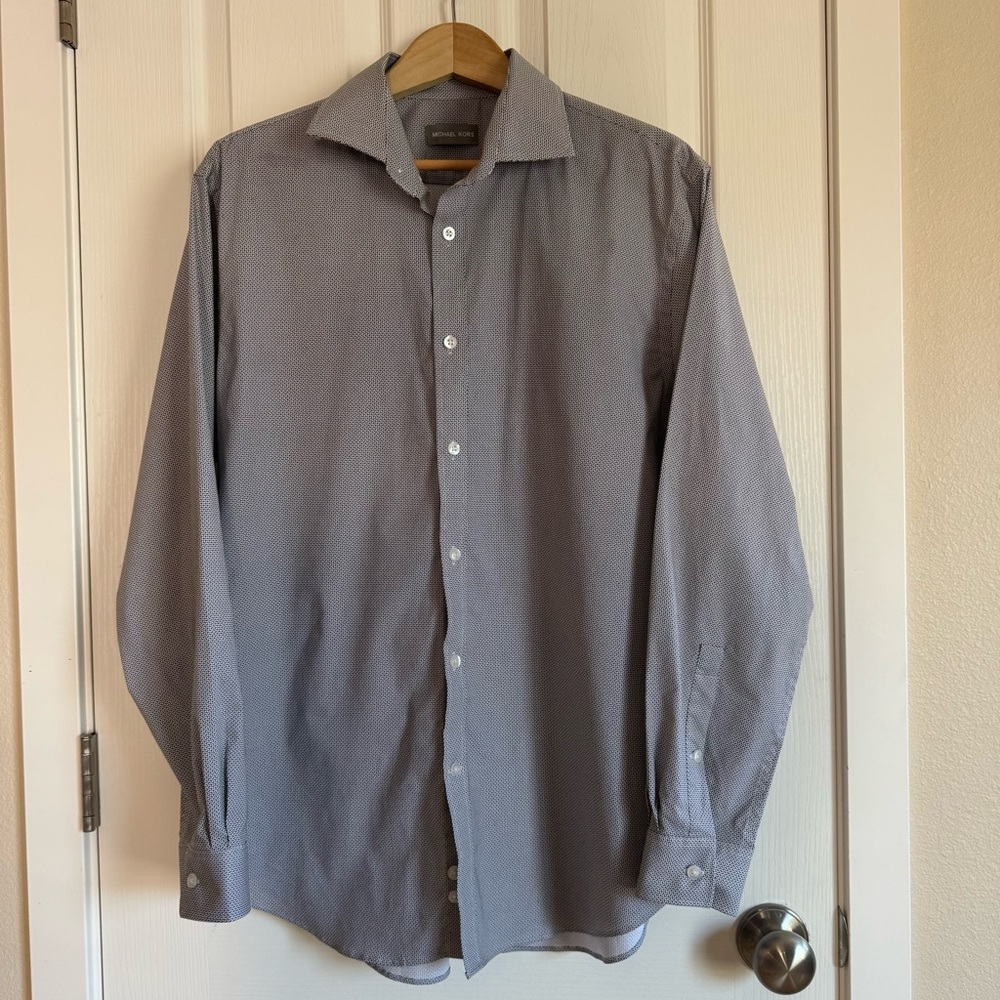 Michael Kors Slim Fit Stretch Dress Shirt L 16.5 32/33 Subtle Geometric Print